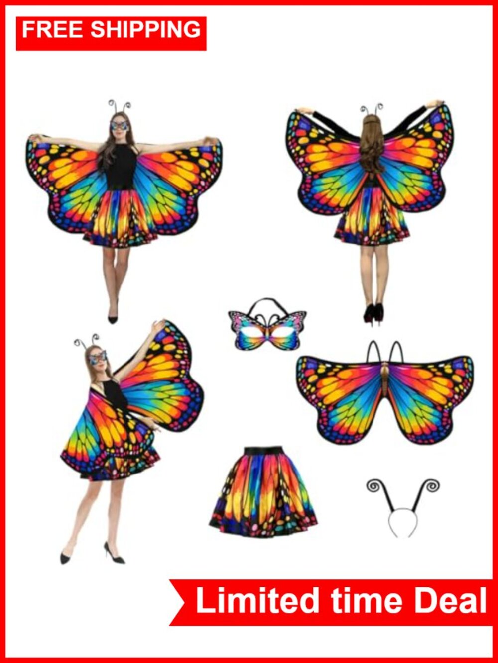 Butterfly Wings Costume Double-Sided with Skirt for Women Halloween DressUp